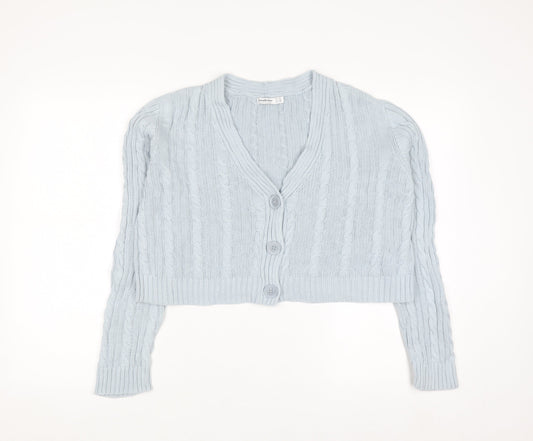 Stradivarius Women's Blue Cotton Cable Knit V-Neck Cardigan Size 12