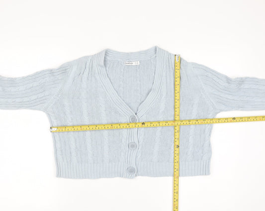 Stradivarius Women's Blue Cotton Cable Knit V-Neck Cardigan Size 12