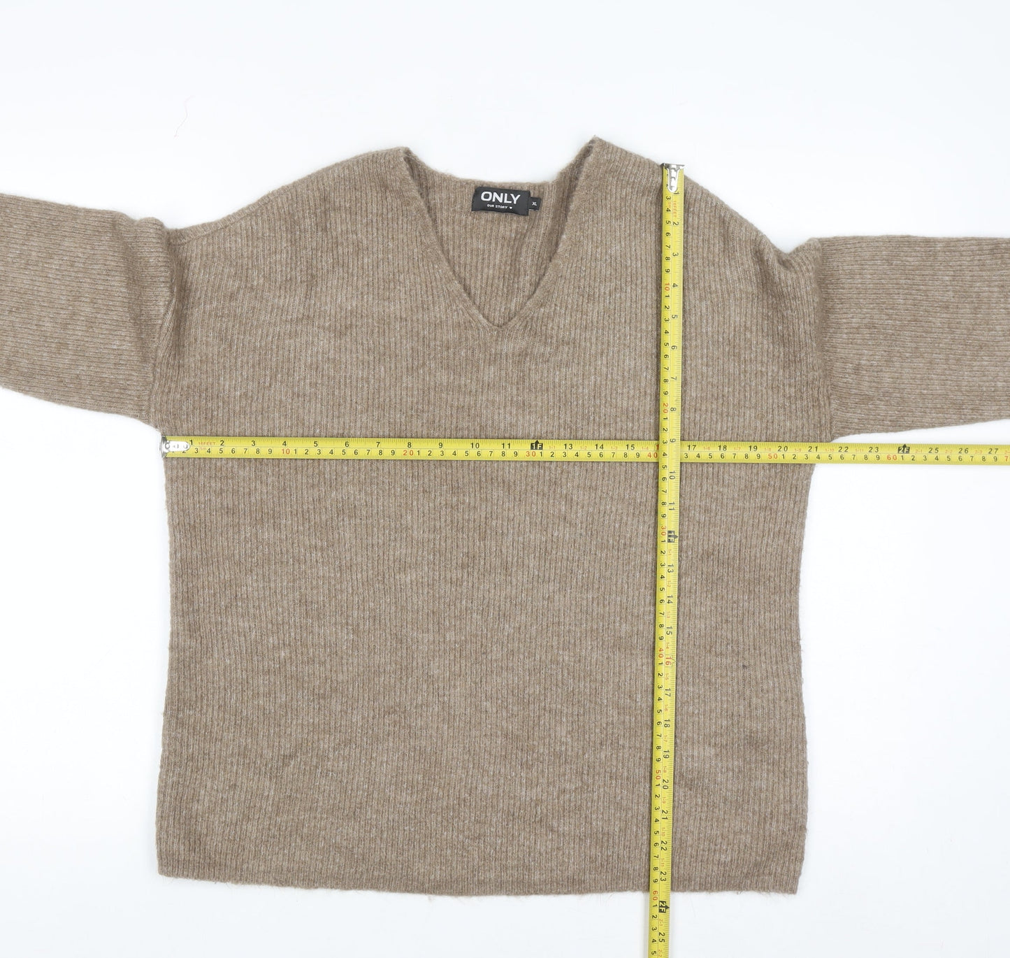 ONLY Womens Beige V-Neck Ribbed Knit Long Sleeve Pullover Jumper XL