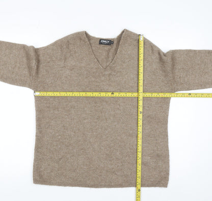 ONLY Womens Beige V-Neck Ribbed Knit Long Sleeve Pullover Jumper XL