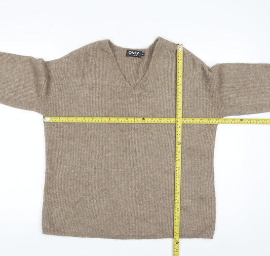 ONLY Womens Beige V-Neck Ribbed Knit Long Sleeve Pullover Jumper XL