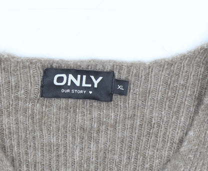 ONLY Womens Beige V-Neck Ribbed Knit Long Sleeve Pullover Jumper XL