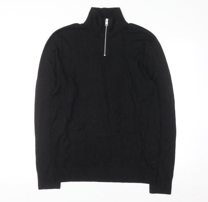 Jack & Jones Men's Black 1/2 Zip High Neck Cotton Jumper Size M