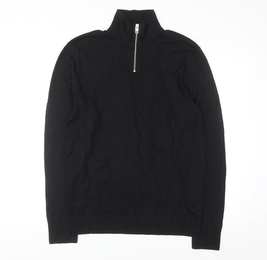 Jack & Jones Men's Black 1/2 Zip High Neck Cotton Jumper Size M