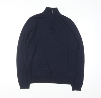 Jaeger Men's Blue Merino Wool Silk Half Zip High Neck Jumper Size S