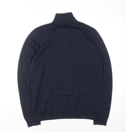 Jaeger Men's Blue Merino Wool Silk Half Zip High Neck Jumper Size S