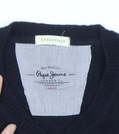 Pepe Jeans Men's Blue Wool Cotton V-Neck Jumper Size L