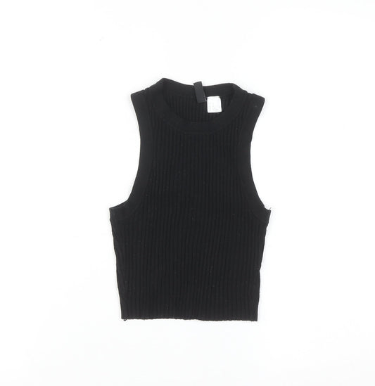 DIVIDED Women's Black Ribbed Knit Sleeveless High Neck Vest XS