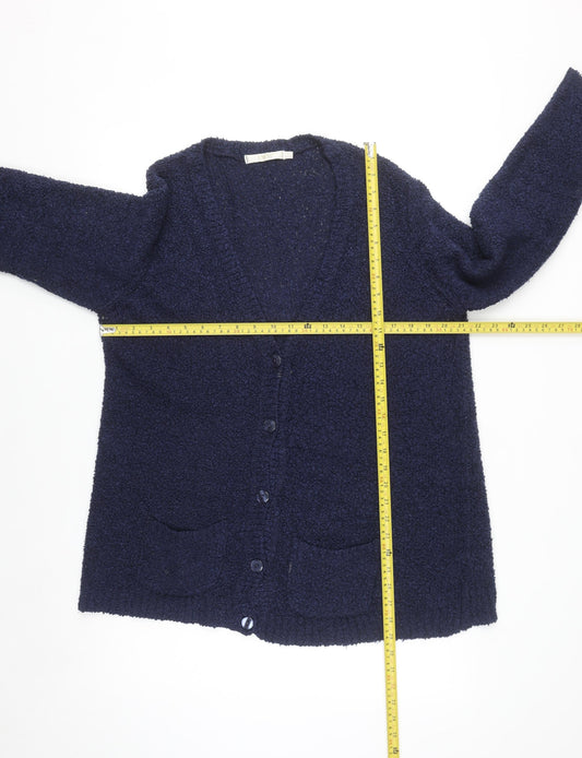 EWM Women Blue Size 18-20 V-Neck Long Sleeve Knit Cardigan