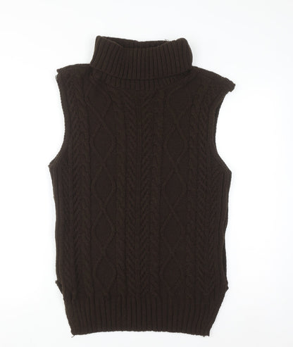 PrettyLittleThing Womens Brown Roll Neck Cable-Knit Sleeveless Jumper Vest M