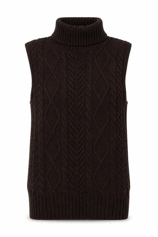 PRETTYLITTLETHING Womens Brown Roll Neck Cable-Knit Sleeveless Jumper Vest M
