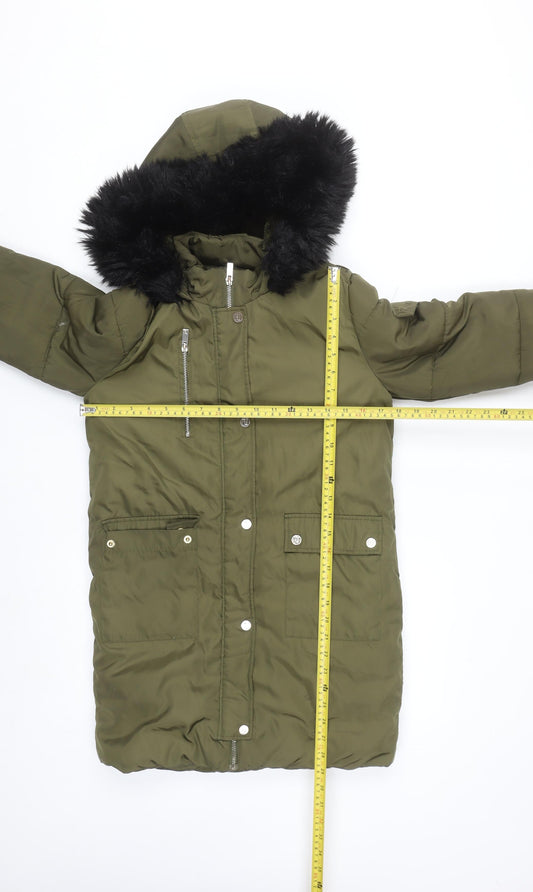 River Island Girls Green Faux Fur Hooded Puffer Coat 9-10 Years Winter Jacket