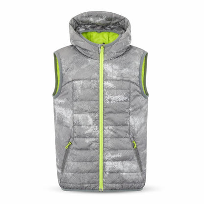 Front view of Decathlon boys’ grey hooded puffer bodywarmer 8 years lightweight outdoor vest