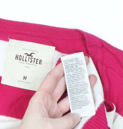 Hollister Women Pink Stripe Long Sleeve Cardigan M Classic Knit