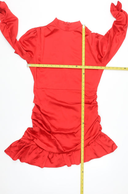 EillyBazar Women Red Short Bodycon Dress L Long Sleeve High Neck
