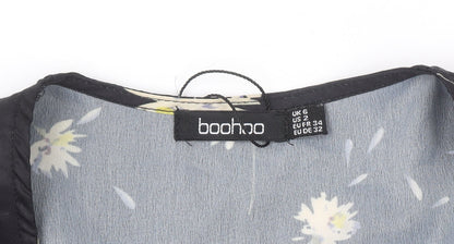Boohoo Women’s Black Floral Wrap Tie Blouse Top Size 6 Short Sleeve
