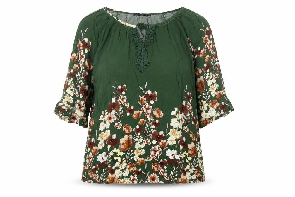 Luotaier Fashion Womens Green Floral 3/4 Sleeve Tunic Blouse Size 16