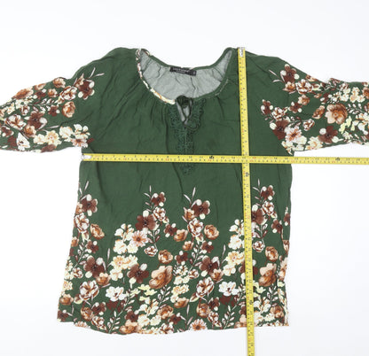 Luotaier Fashion Womens Green Floral 3/4 Sleeve Tunic Blouse Size 16