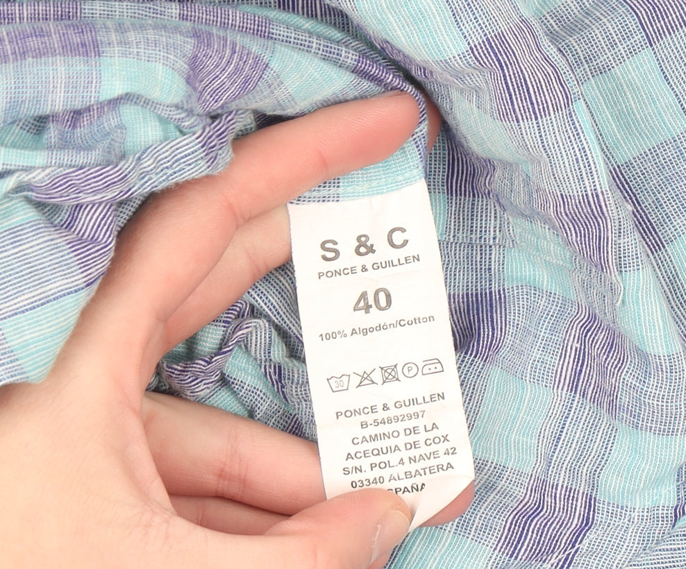 S & C Men's Blue Check Short Sleeve Button-Up Cotton Shirt Size 40