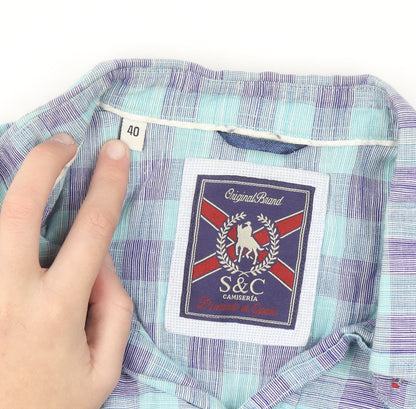 S & C Men's Blue Check Short Sleeve Button-Up Cotton Shirt Size 40