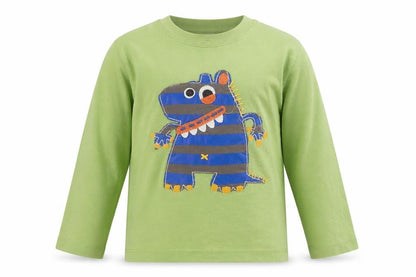 Mini Boden Boys Green Long Sleeve T-Shirt 5-6 Years Fun Monster Appliqué Cotton Top