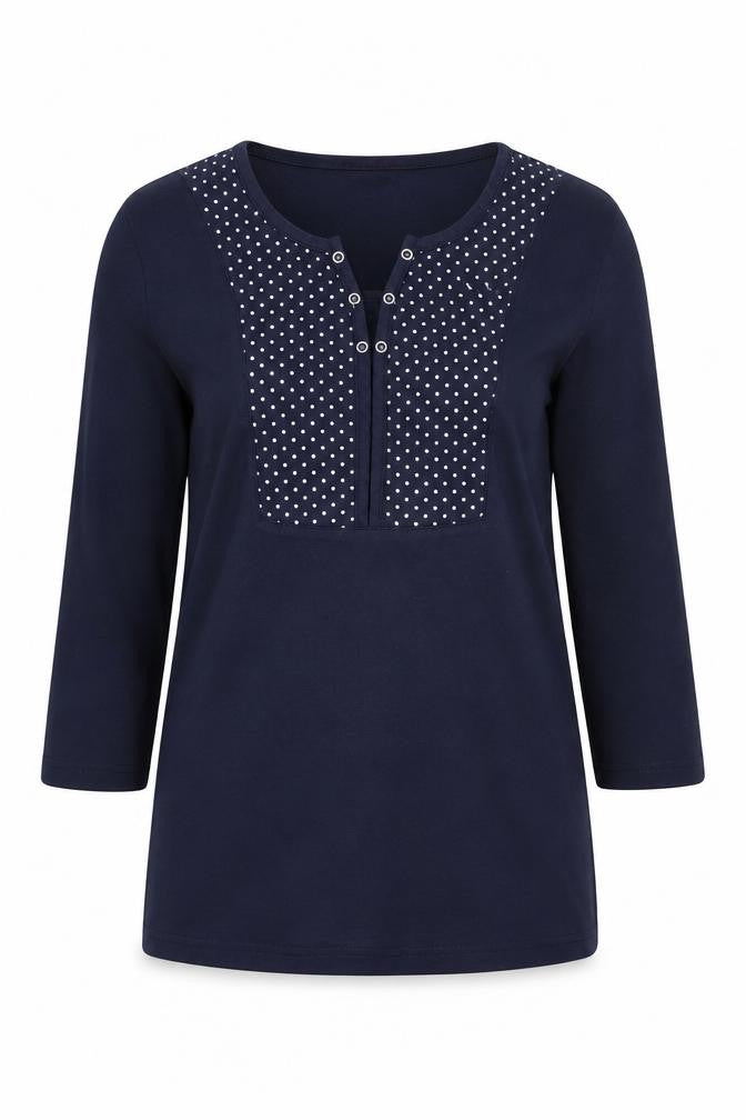 Damart Womens Blue 3/4 Sleeve Henley Polka Dot Cotton T-Shirt Size 14/16