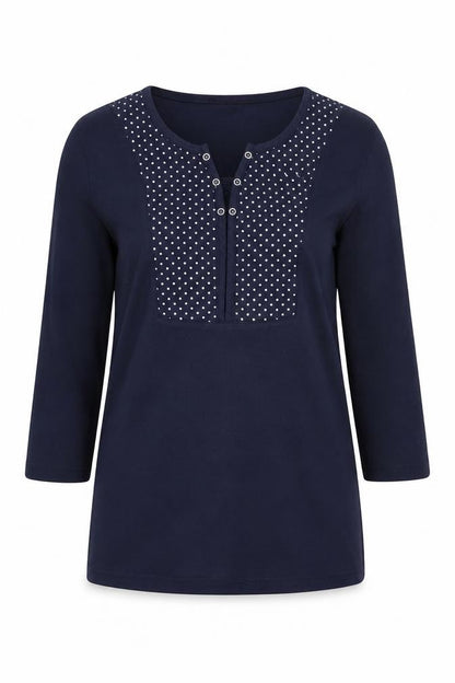 Damart Womens Blue 3/4 Sleeve Henley Polka Dot Cotton T-Shirt Size 14/16