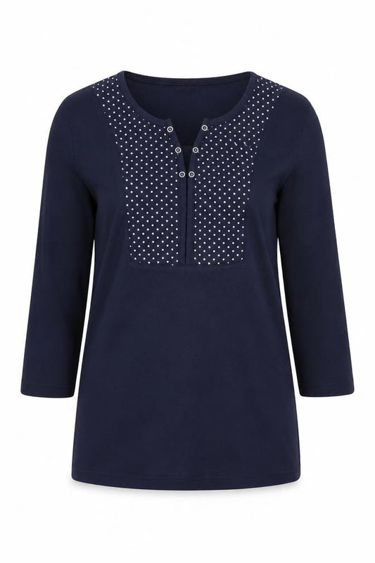 Damart Womens Blue 3/4 Sleeve Henley Polka Dot Cotton T-Shirt Size 14/16