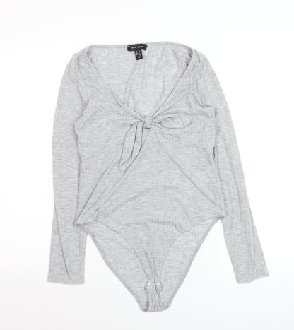 New Look Women Grey Long Sleeve Tie Front Bodysuit UK 12
