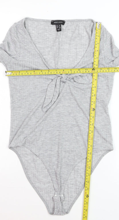 New Look Women Grey Long Sleeve Tie Front Bodysuit UK 12