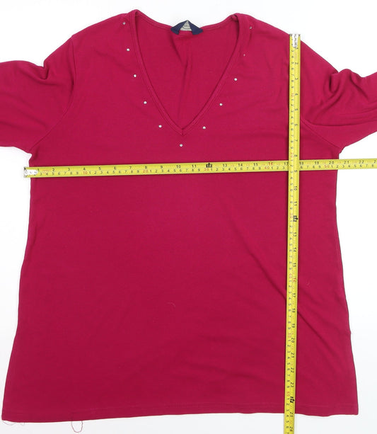 Debenhams Women's Red V-Neck Beaded 3/4 Sleeve Stretch Top Size 16