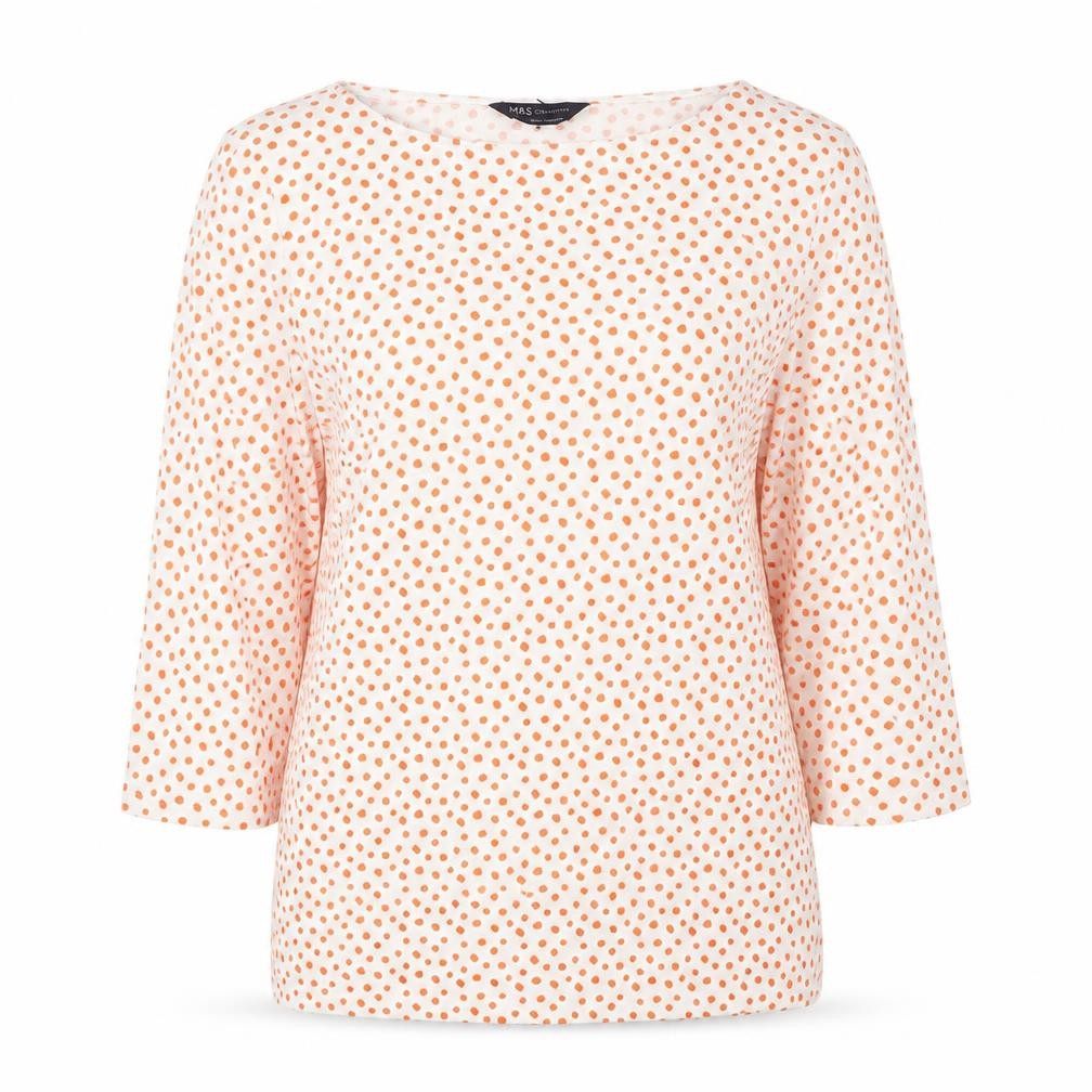 Marks and Spencer Women’s White Orange Polka Dot 3/4 Sleeve T-Shirt Size 14