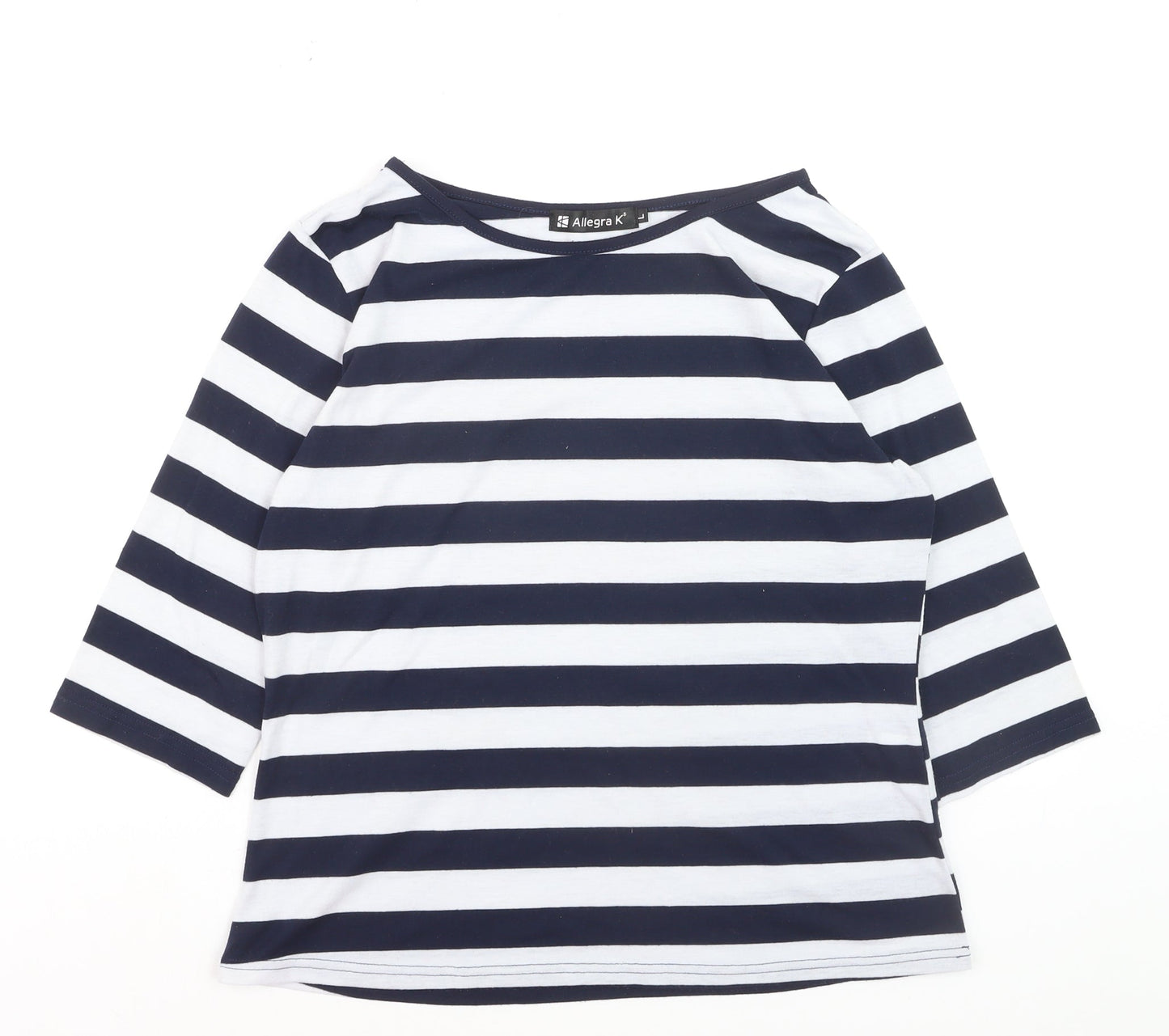 Allegra K Women's Blue White Striped Boat Neck 3/4 Sleeve Top L
