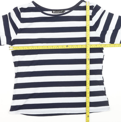 Allegra K Women's Blue White Striped Boat Neck 3/4 Sleeve Top L