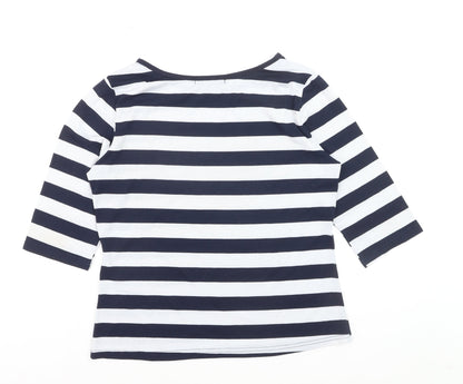 Allegra K Women's Blue White Striped Boat Neck 3/4 Sleeve Top L