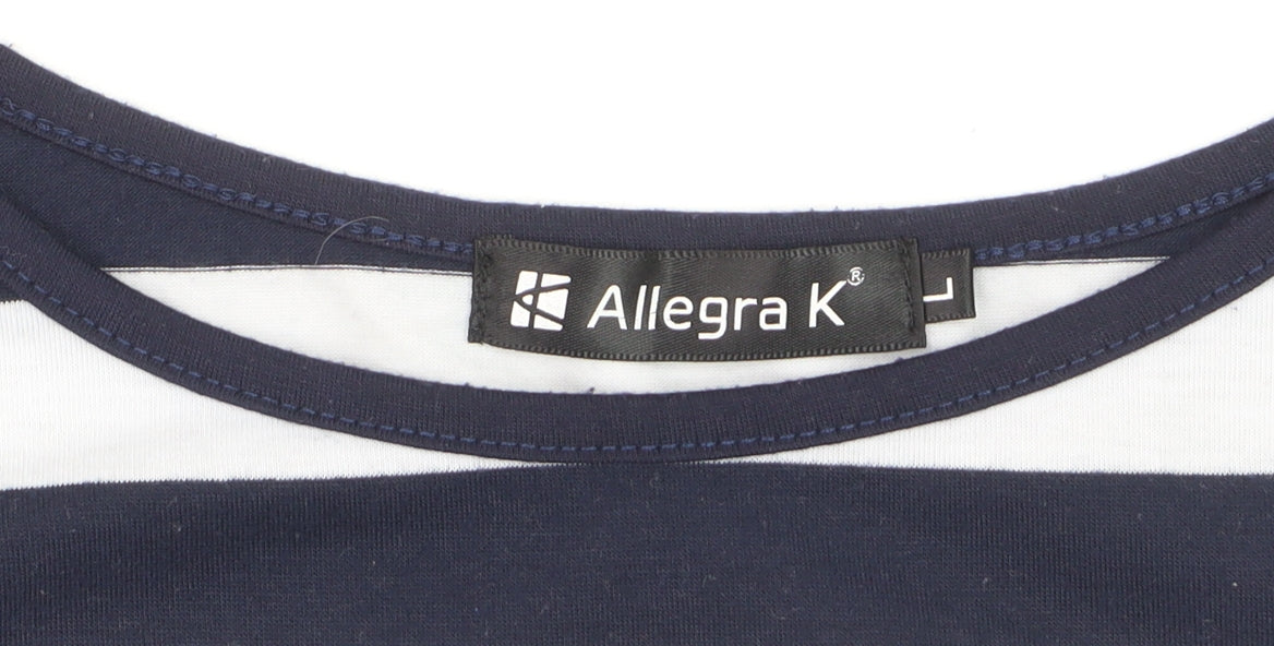 Allegra K Women's Blue White Striped Boat Neck 3/4 Sleeve Top L