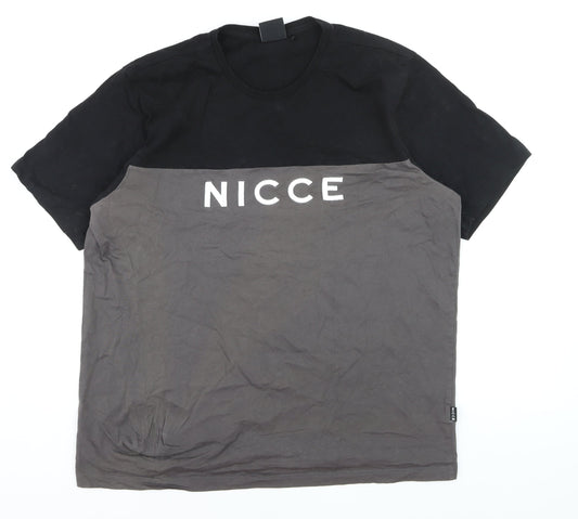Nicce Men’s Black Grey Colourblock Logo T-Shirt XL Regular Fit