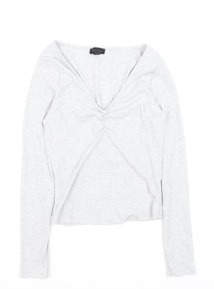 New Look Women’s Grey V-Neck Cropped Long Sleeve Top Size 10