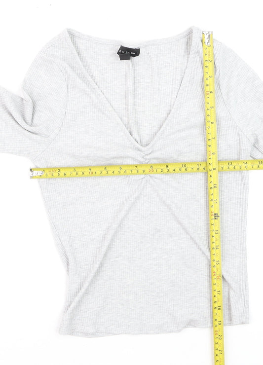 New Look Women’s Grey V-Neck Cropped Long Sleeve Top Size 10