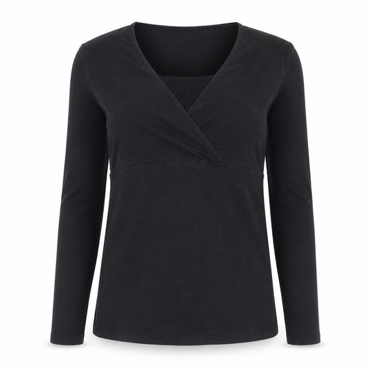 Front view of H&M Maternity Black Wrap Jersey Long Sleeve V-Neck Blouse, size 8