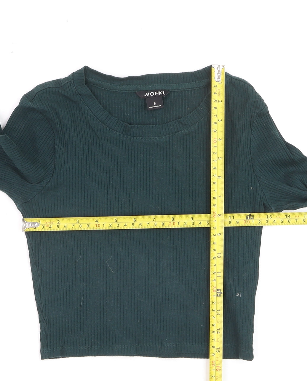 Monki Women's Green Cropped Long Sleeve Ribbed T-Shirt Size S