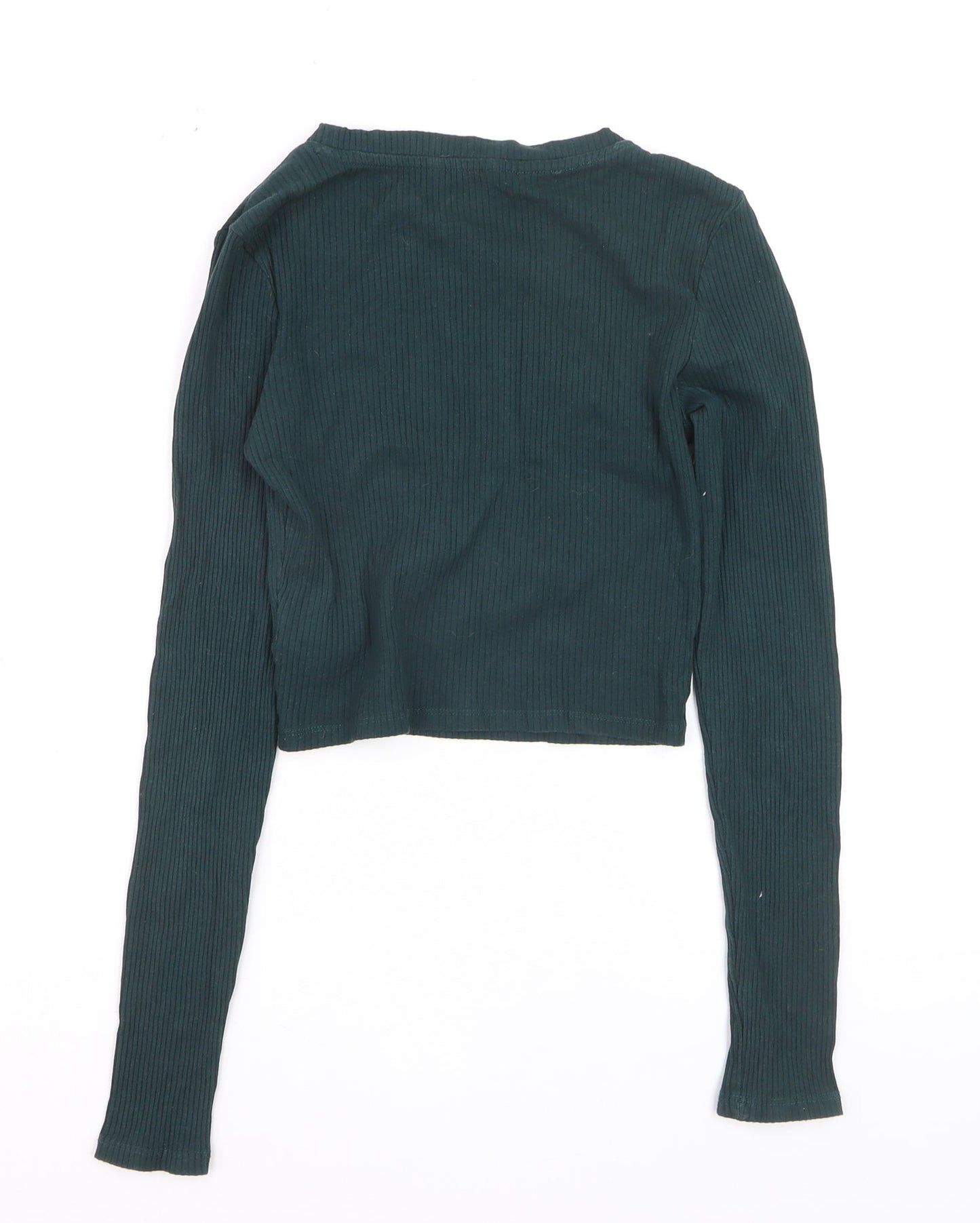 Monki Women's Green Cropped Long Sleeve Ribbed T-Shirt Size S