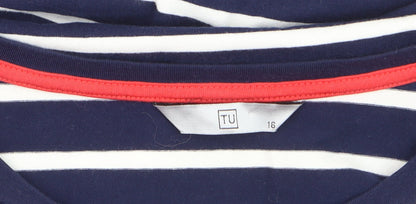 TU Women Blue Striped 3/4 Sleeve Cotton Pullover Jumper Size 16