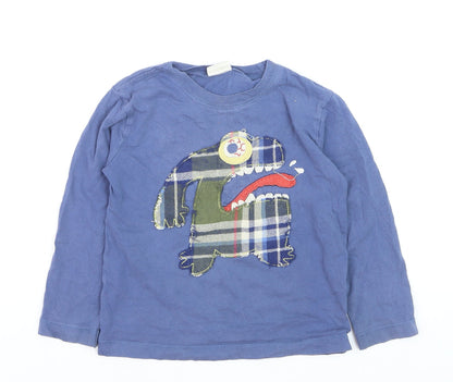 Mini Boden Boys Blue Long Sleeve Monster Appliqué Cotton T-Shirt 5-6 Years
