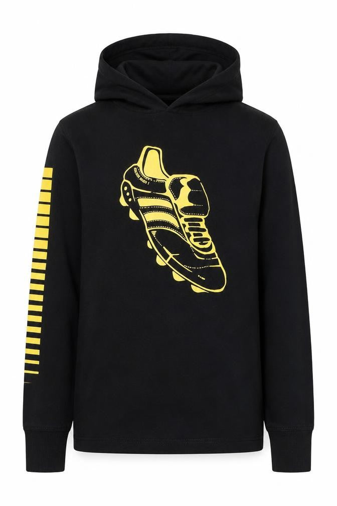 Front view of Next boys’ black hoodie 9 years graphic football print cotton pullover