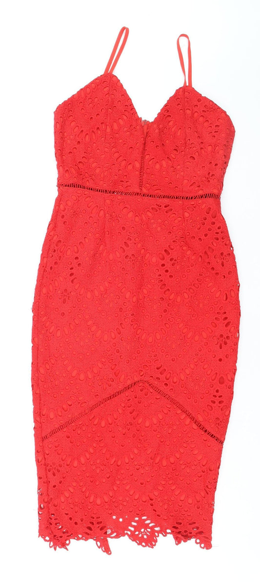 Missguided Womens Red Lace Bodycon Dress UK 10 Sleeveless Knee Length