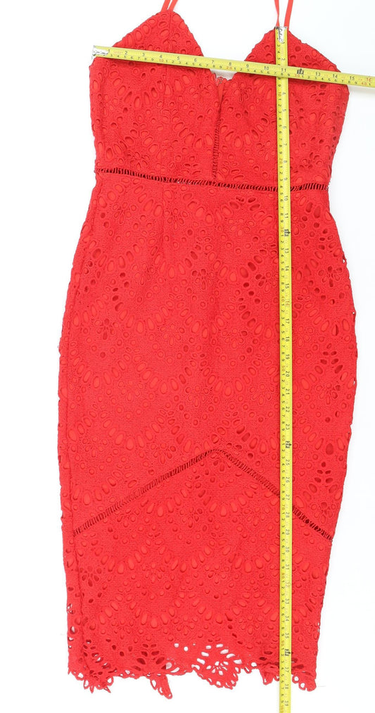 Missguided Womens Red Lace Bodycon Dress UK 10 Sleeveless Knee Length