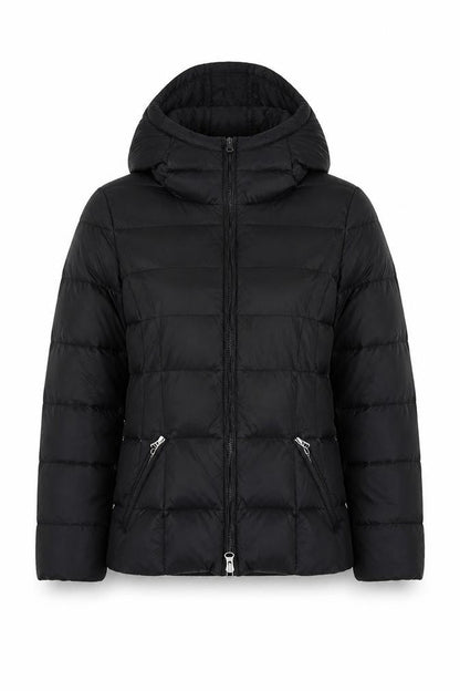 United Colors of Benetton Women's Black Down Puffer Jacket Size 16 Hooded Mid-Length