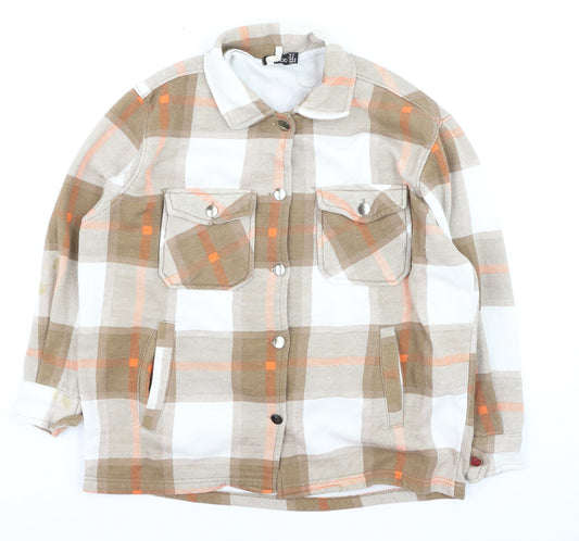 Boohoo Women's Beige Plaid Flannel Button-Up Shirt Size S