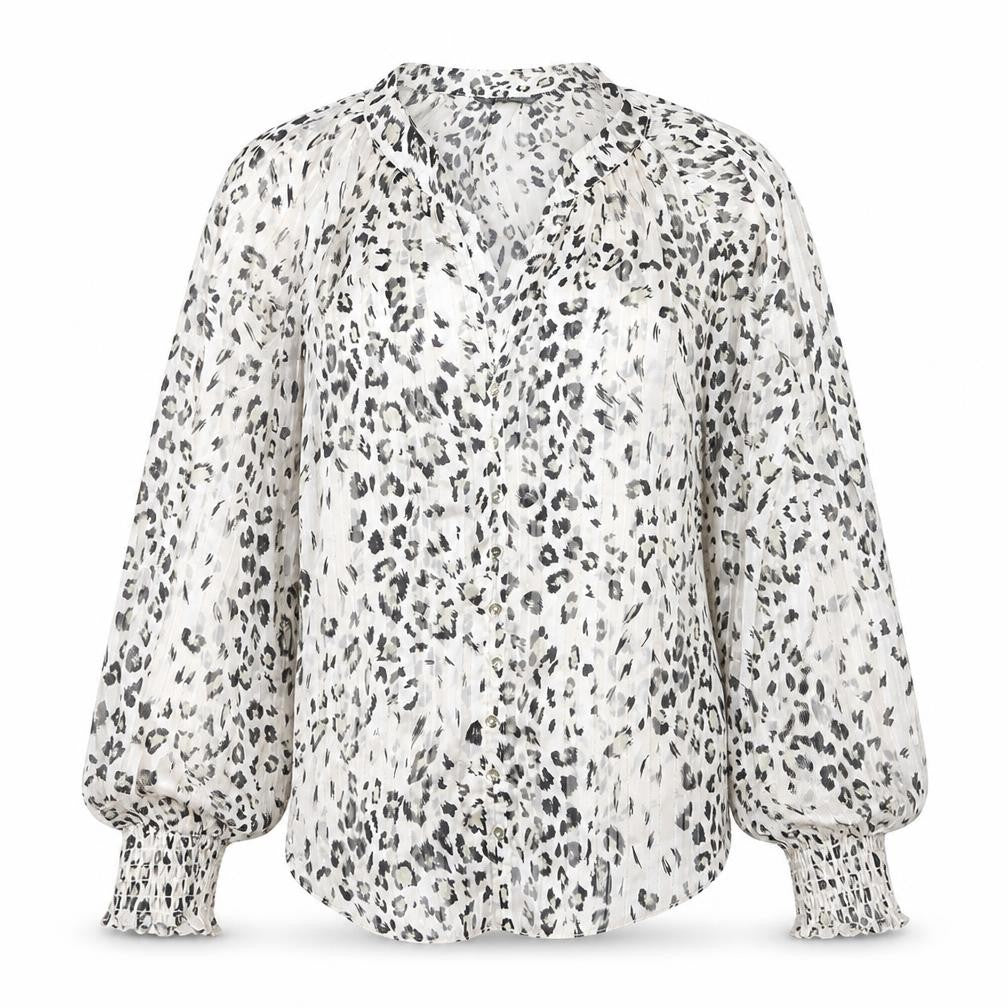 Front view of Dunnes Women’s Multicoloured Animal Print V-Neck Long Sleeve Blouse, size UK 12